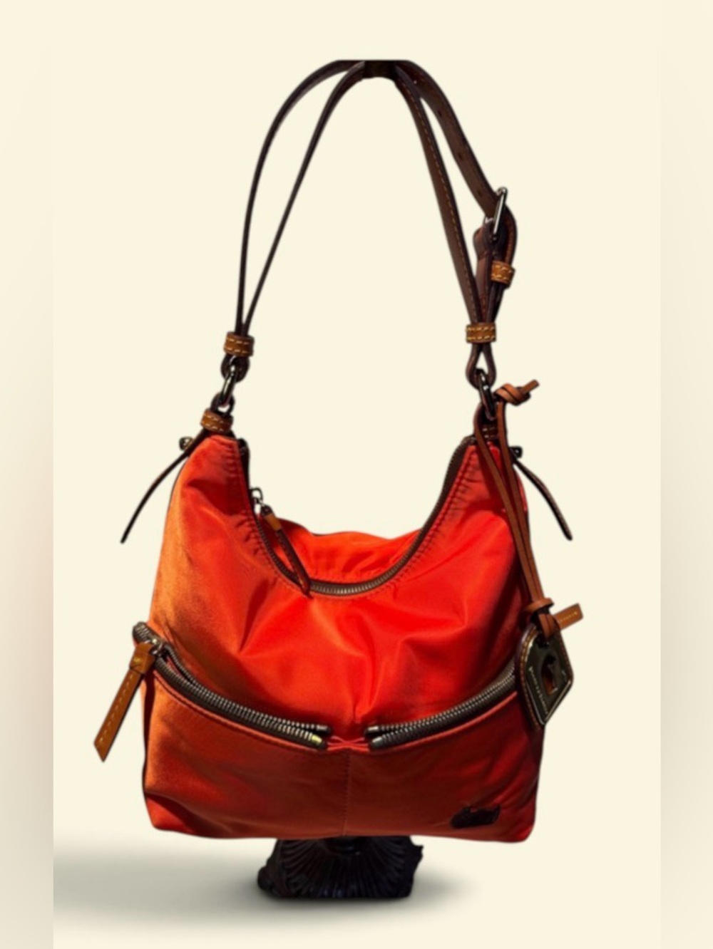Dooney & Bourke Orange Nylon Hobo with Brown Leather Trim